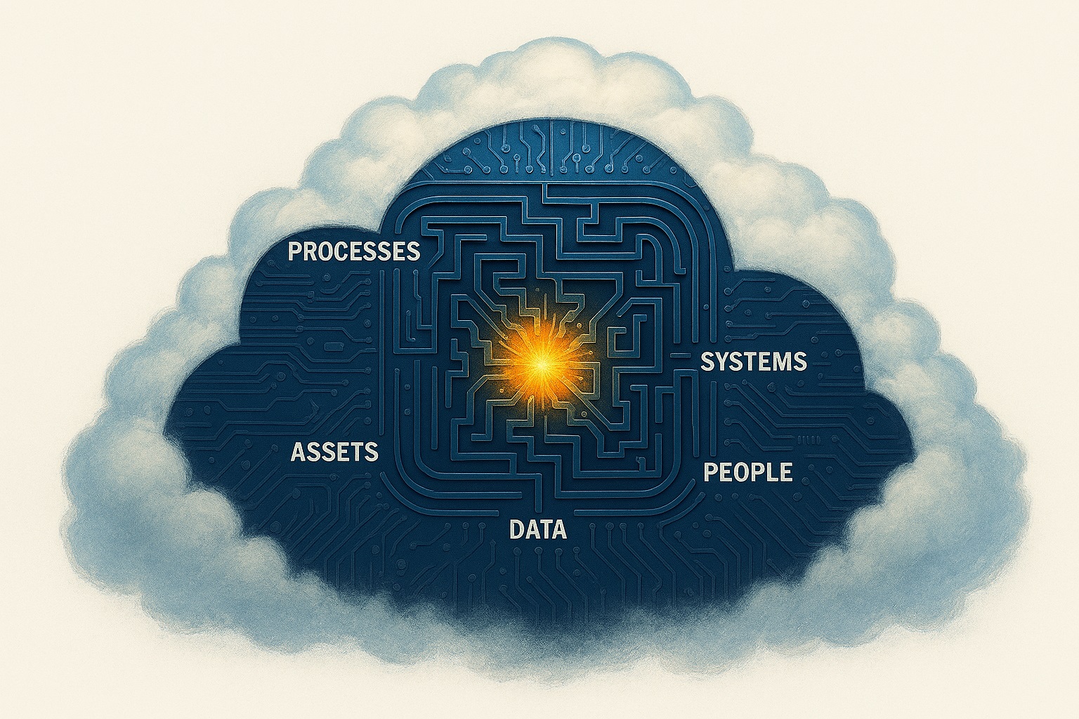 A maze in the cloud with a bright center and five keywords as perimeter starting points, Processes, Systems, Assets, Data, People
